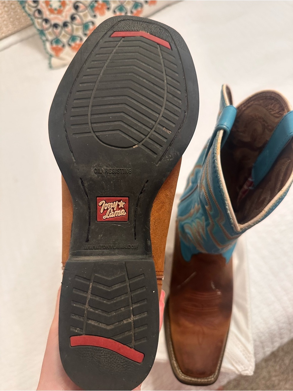 Vintage Tony Lama Brown Leather Boots with Turquoise Shaft and Stitching - Picture 2 of 9